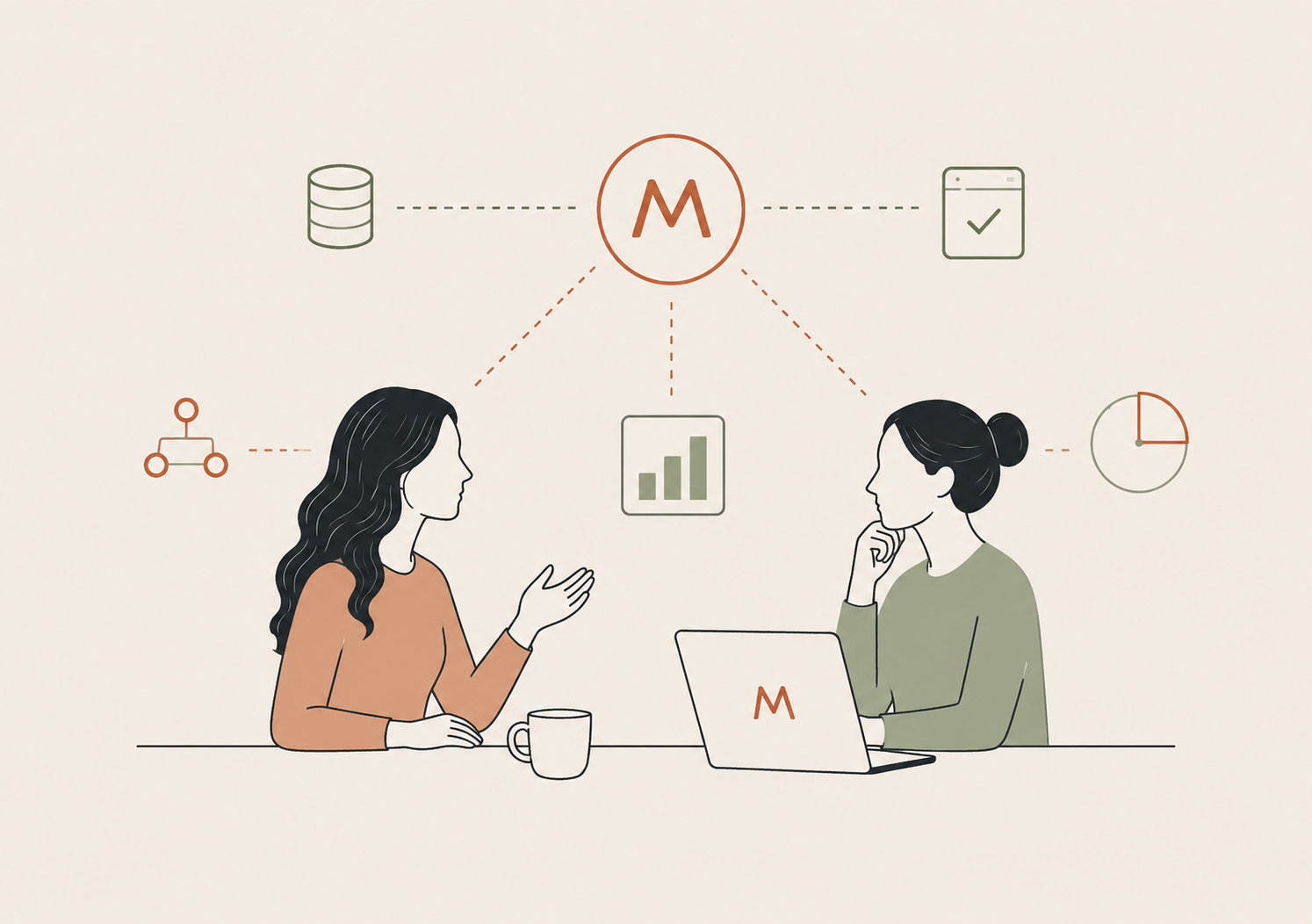 Illustration of two Mazarine team members collaborating